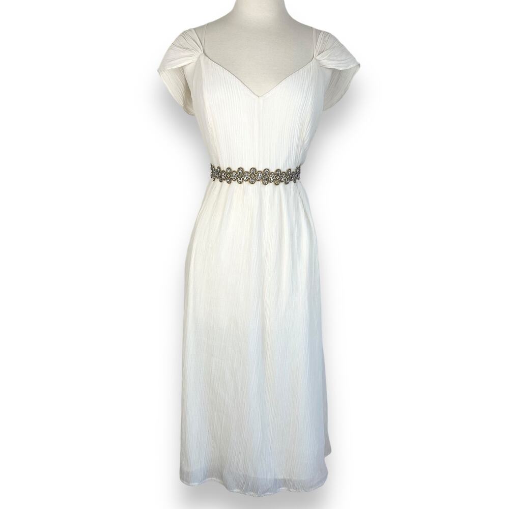 Express Ivory Pleated Chiffon Midi Dress Strappy Peasant Cottagecore Coquette - Picture 9 of 10